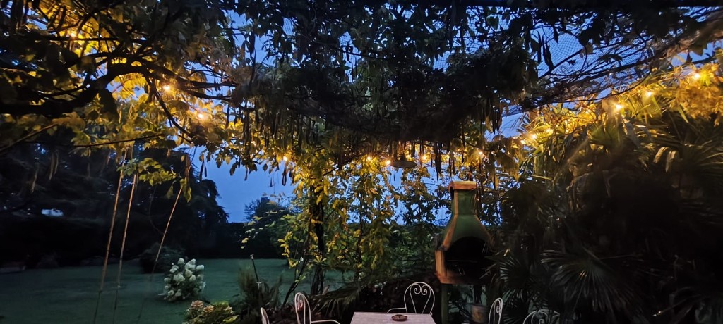 Tavolo e sedie sotto la pergola del giardino, con luci e BBQ, al tramonto