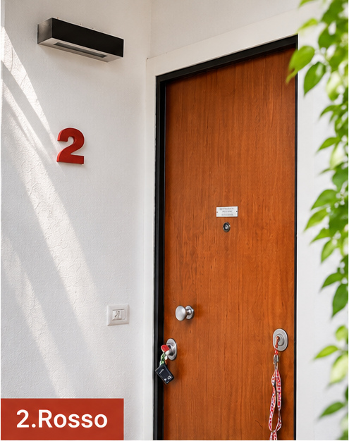 Appartamento 2.Rosso — porta d'ingresso con il numero 2 rosso a parete